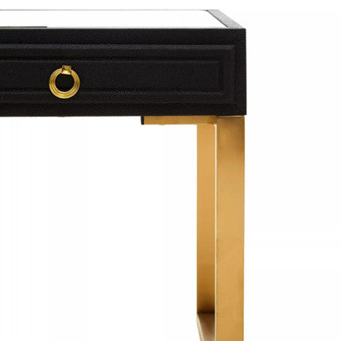 Black Faux Shagreen 1-Drawer Side Table with Brushed Matte Gold Legs and Knocker Handle, Cardoba