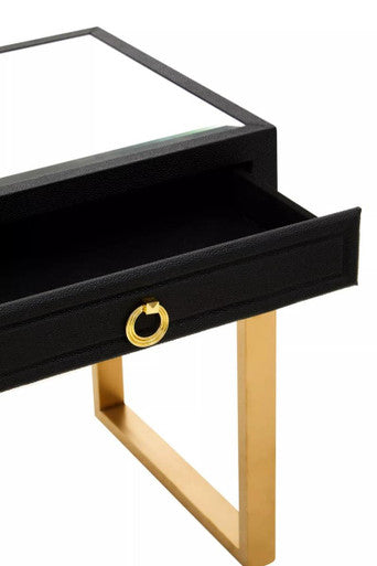 Black Faux Shagreen 1-Drawer Side Table with Brushed Matte Gold Legs and Knocker Handle, Cardoba