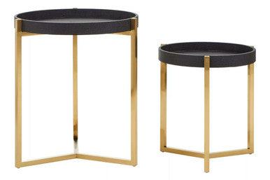 Set of 2 Black Shagreen Effect Tray Tables with Gold Finish Legs and Raised Edges | Cardoba