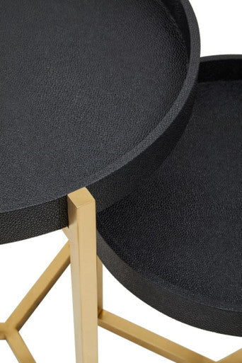 Set of 2 Black Shagreen Effect Tray Tables with Gold Finish Legs and Raised Edges | Cardoba