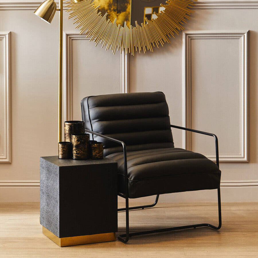 Black Shagreen Effect Square Top Side Table and Stool with Gold Metal Base | Cardoba