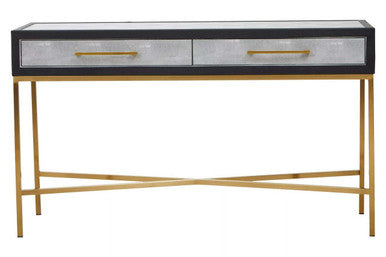 Grey Shagreen Effect 2-Drawer Console Table with Brushed Matte Gold Cross Leg Frame, Cadiz