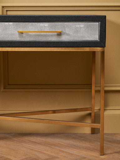 Grey Shagreen Effect 2-Drawer Console Table with Brushed Matte Gold Cross Leg Frame | Cadiz