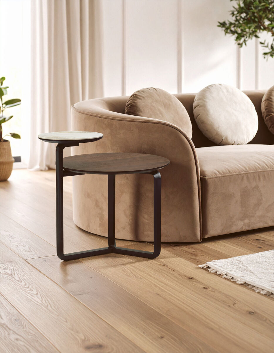 Brown Marble Effect Ceramic Top Round 2-Tier Coffee Table with Eucalyptus Veneer Lower Shelf and Black Metal Legs | Imperia