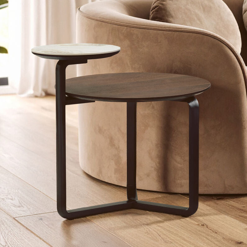 Brown Marble Effect Ceramic Top Round 2-Tier Coffee Table with Eucalyptus Veneer Lower Shelf and Black Metal Legs | Imperia