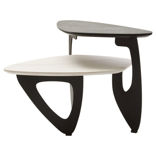 Grey and White Marble Effect Ceramic Tops Small 2-Tier Asymmetrical Coffee Table with Black Metal Base, Imperia