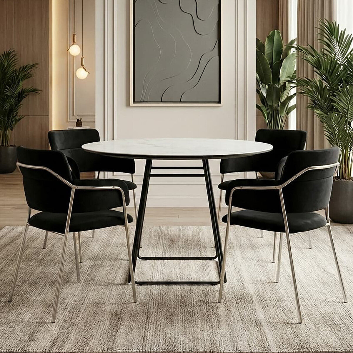 White Ceramic Marble Effect Round Top Dining Table with Black Metal Base | Imperia
