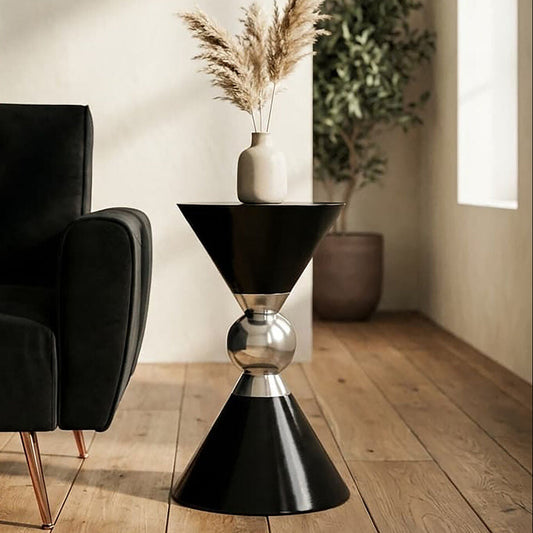 Black and Silver Geometric Round Side Table with Symmetric Design, Jaipur