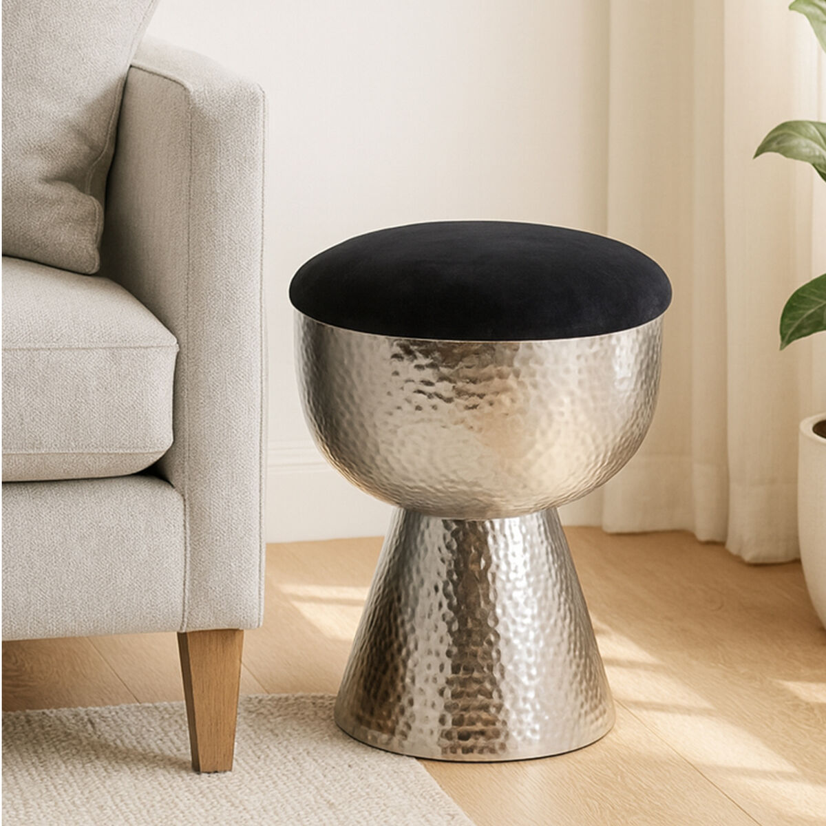 Jaipur Black Wood and Metal Stool with Silver Metal Base