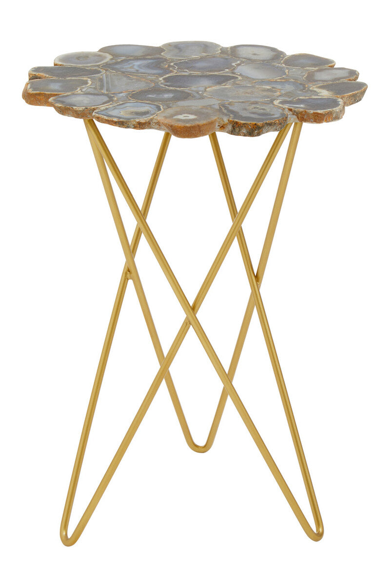 Agate Top Side Table with Gold Finish Trim and Hairpin Metal Legs | Jaipur