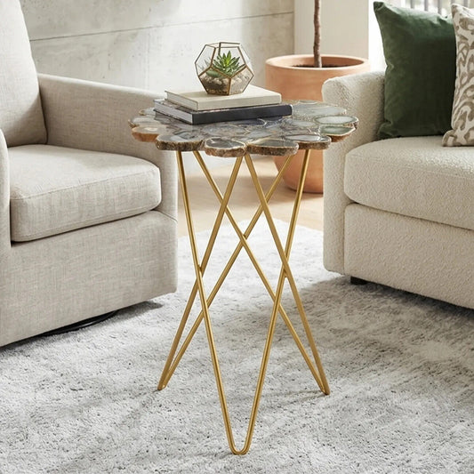 Agate Top Side Table with Gold Finish Trim and Hairpin Metal Legs, Jaipur
