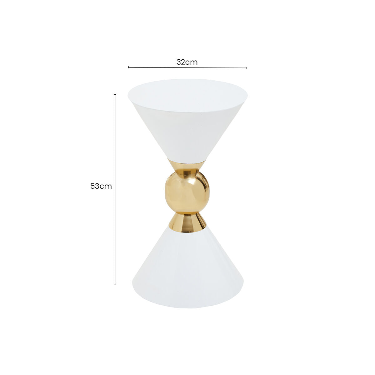 White Conical Metal Side Table in Stainless Steel with Gold Centre Ring Detail, Jaipur