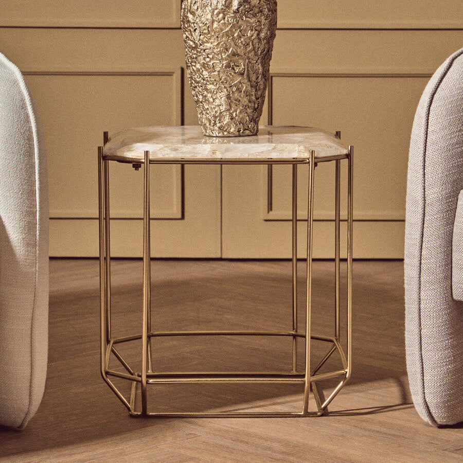 White Octagonal Stone Quartz Top Side Table with Warm Metallic Angular Base | Jaipur