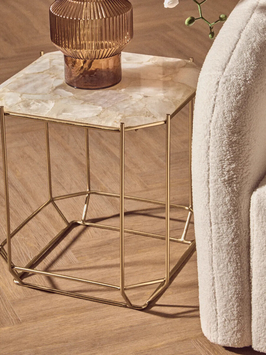 White Octagonal Stone Quartz Top Side Table with Warm Metallic Angular Base | Jaipur