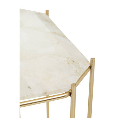 White Octagonal Stone Quartz Top Side Table with Warm Metallic Angular Base | Jaipur