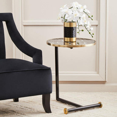 Black Marble Effect Glass Top Side Table with Gold Rim and Gold Feet, Oria