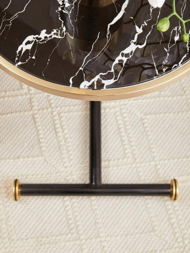 Black Marble Effect Glass Top Side Table with Gold Rim and Gold Feet, Oria