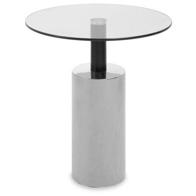 Clear Glass Top Side Table with Silver Steel Base and Black Column, Oria