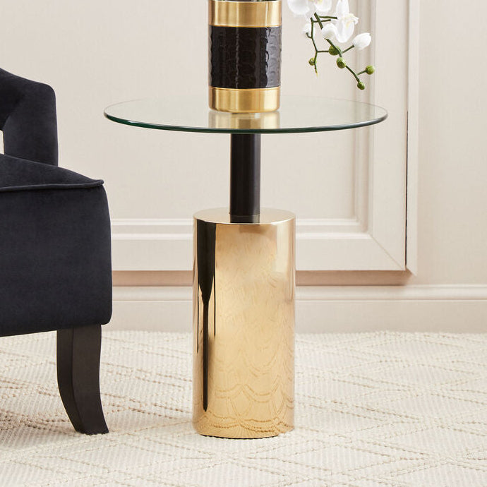 Clear Glass Top Side Table with Gold Steel Base and Black Centre Support | Oria