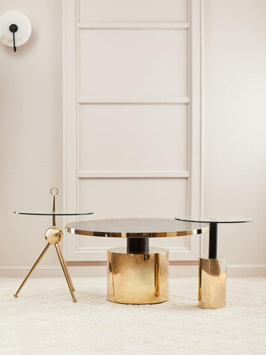 Clear Glass Top Side Table with Gold Steel Base and Black Centre Support | Oria