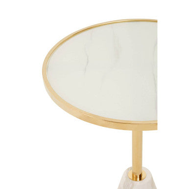 White Glass Top Side Table with Gold Metal Column and White Marble Base, Oria