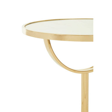 White Glass Top Side Table with Gold Metal Column and White Marble Base, Oria