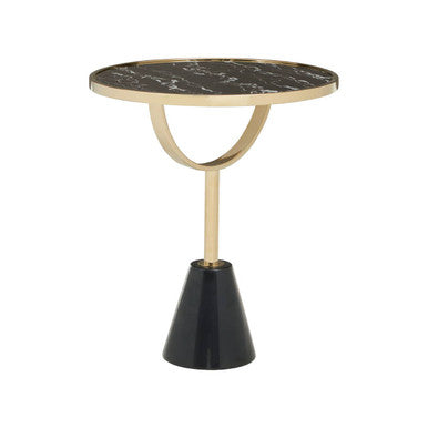 Black Glass Top Side Table with Gold Metal Column and Black Marble Base | Oria