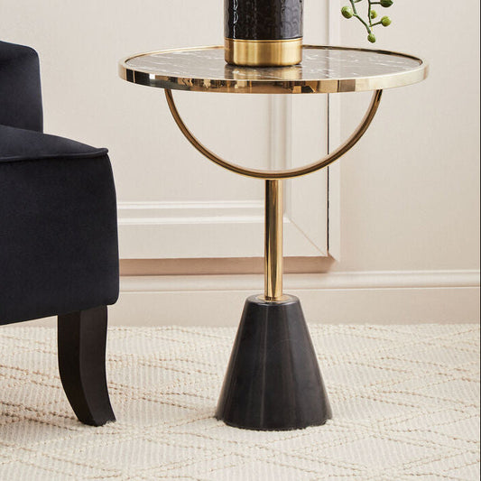 Black Glass Top Side Table with Gold Metal Column and Black Marble Base, Oria