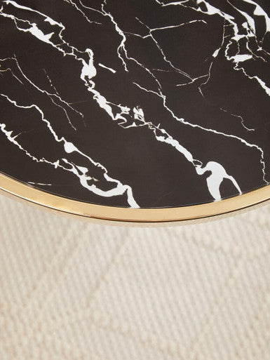 Black Glass Top Side Table with Gold Metal Column and Black Marble Base | Oria