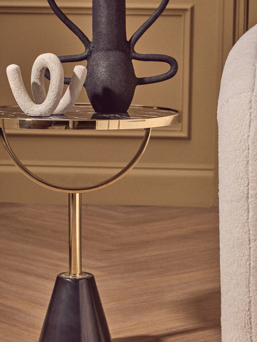 Black Glass Top Side Table with Gold Metal Column and Black Marble Base | Oria