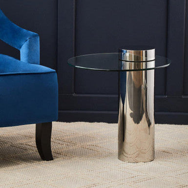 Clear Round Glass Top Side Table with Silver Metal Pedestal Base, Oria
