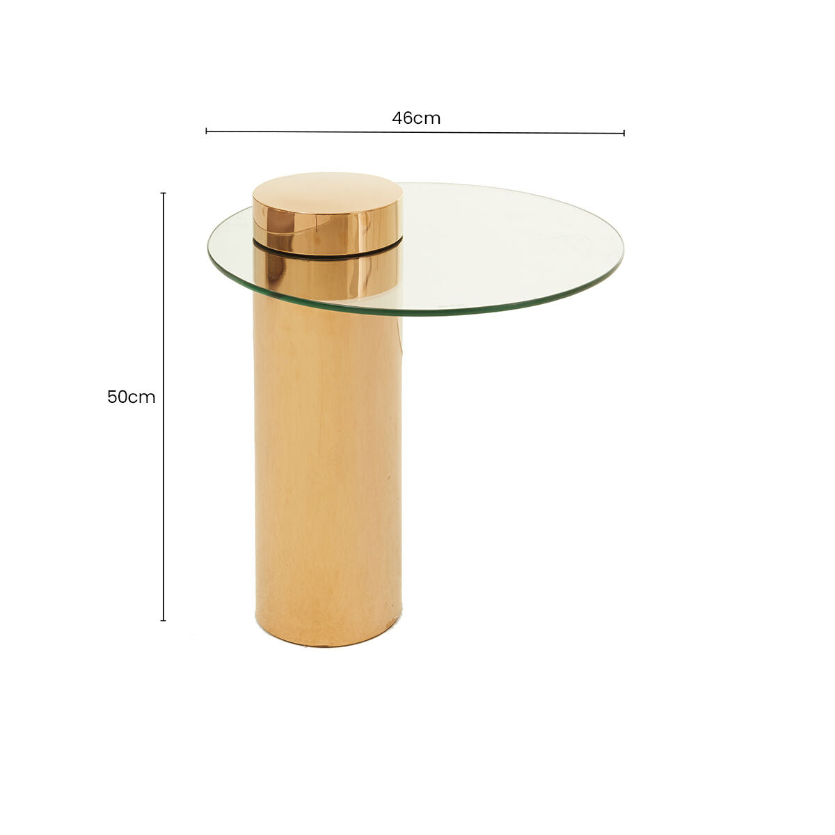Clear Round Glass Side Table with Tall Rose Gold Standing Base | Oria
