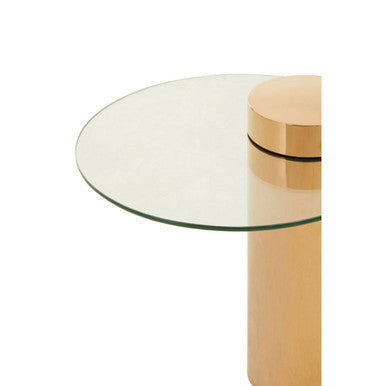 Clear Round Glass Side Table with Tall Rose Gold Standing Base | Oria