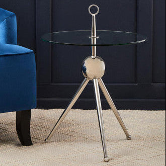 Clear Glass Top Side Table with Silver Stainless Steel Tripod Frame, Oria