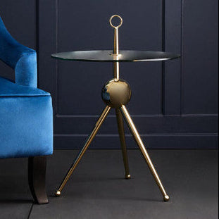 Clear Glass Top Side Table with Gold Tripod Metal Frame and Globe Detail | Oria