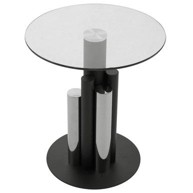 Clear Glass Top Side Table with Black and Silver Five Column Base | Oria