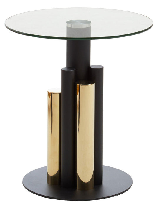 Clear Glass Top Side Table with Black and Gold Column Base, Oria