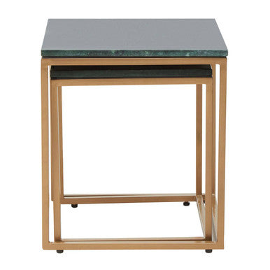 Nest of Two Green Marble Top Nesting Side Tables with Gold Finish Metal Frame | Varana