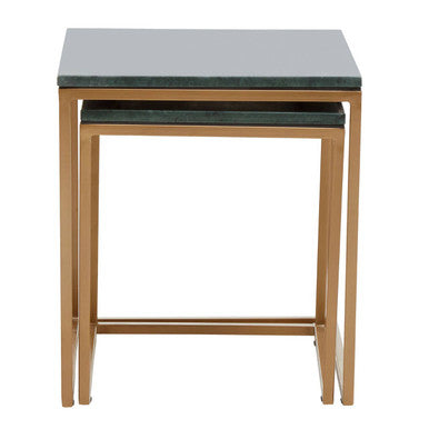 Nest of Two Green Marble Top Nesting Side Tables with Gold Finish Metal Frame | Varana