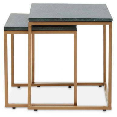 Nest of Two Green Marble Top Nesting Side Tables with Gold Finish Metal Frame | Varana