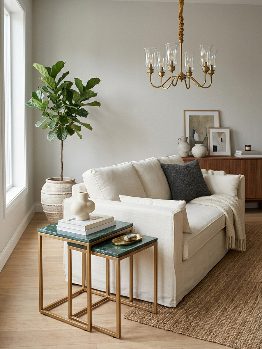 Nest of Two Green Marble Top Nesting Side Tables with Gold Finish Metal Frame | Varana