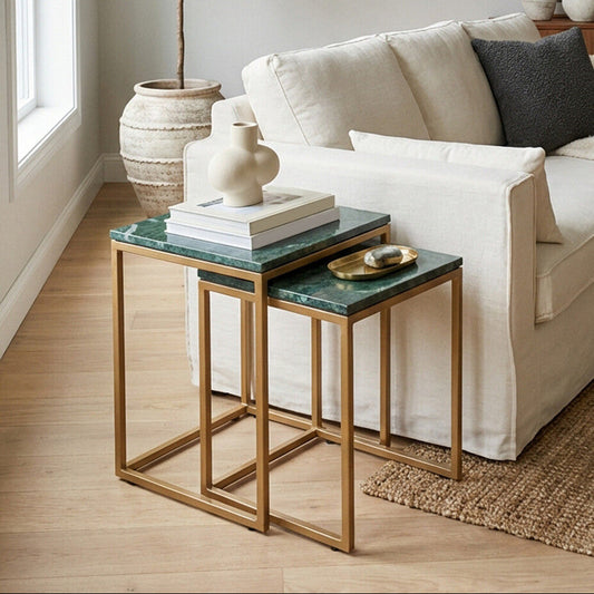 Nest of Two Green Marble Top Nesting Side Tables with Gold Finish Metal Frame, Varana