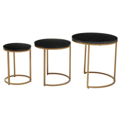 Nest of 3 Black Marble Round Top Nesting Tables with Matte Gold Metal Base, Varana