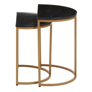 Nest of 2 Half Moon Black Marble Top Nesting Tables with Gold Finish Metal Bases | Varana