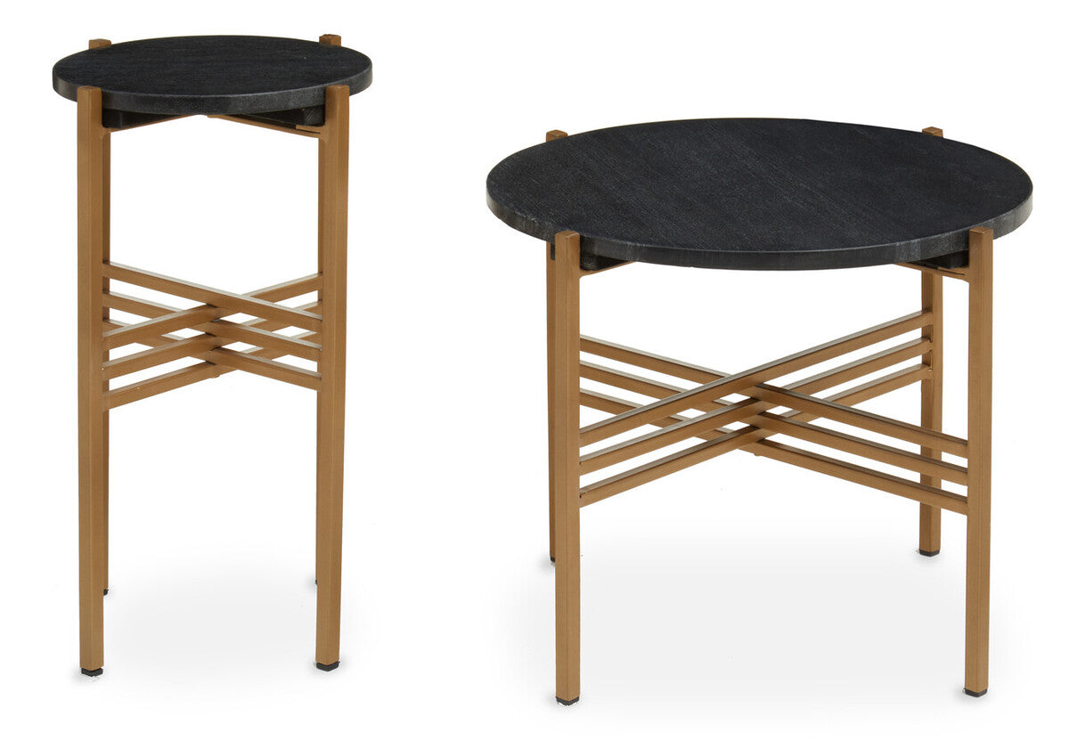 Set of 2 Black Round Marble Top Side Tables with Gold Finish Geometric Metal Bases, Varana