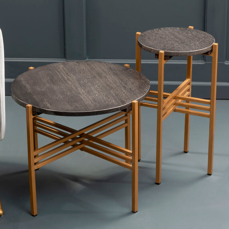 Set of 2 Black Round Marble Top Side Tables with Gold Finish Geometric Metal Bases, Varana