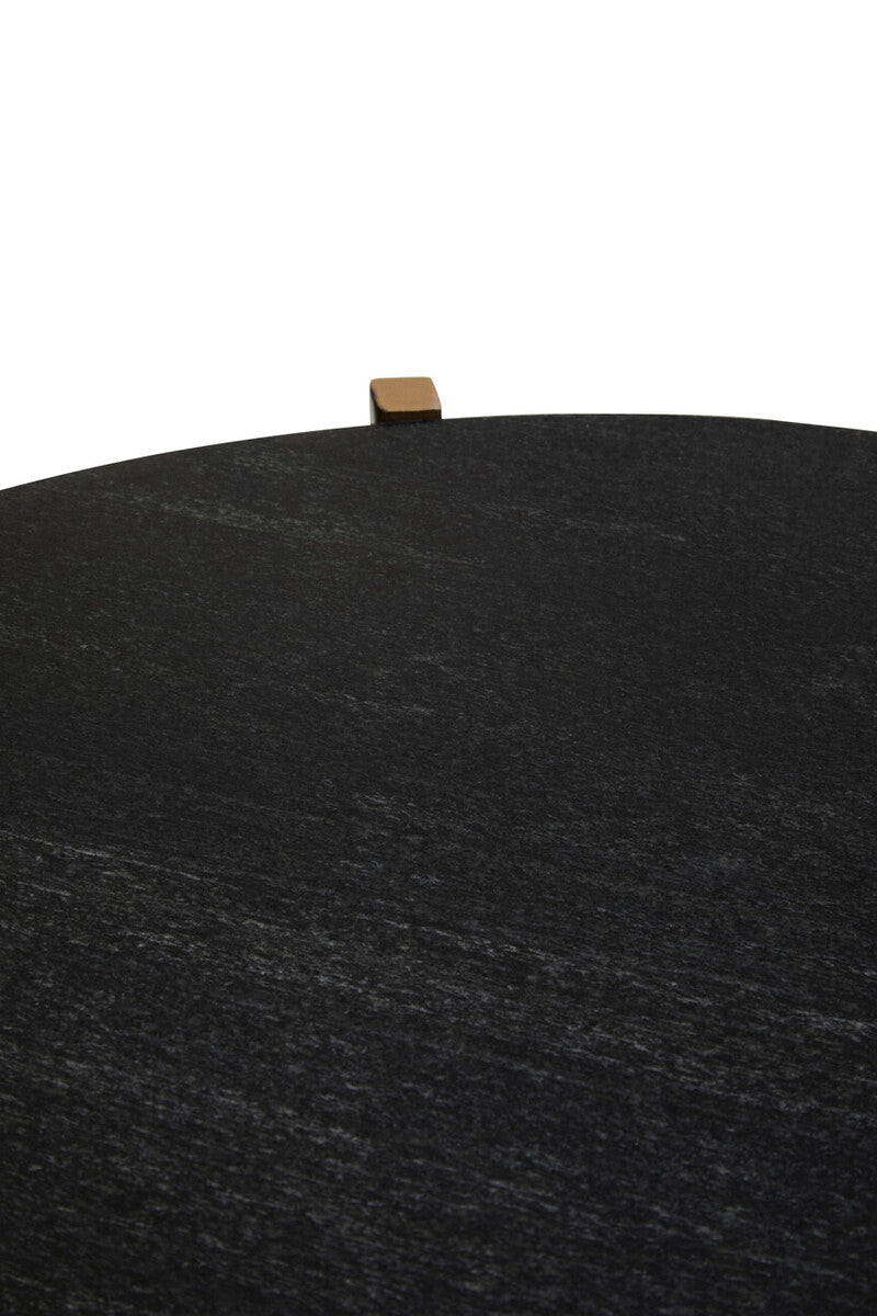 Set of 2 Black Round Marble Top Side Tables with Gold Finish Geometric Metal Bases, Varana