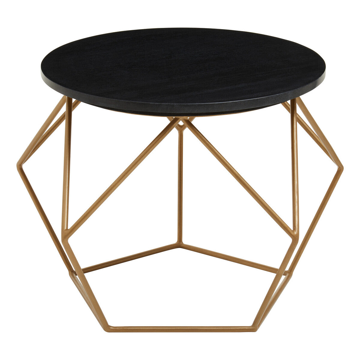 Black Round Marble Top Coffee Table with Matte Gold Finish Geometric Metal Frame | Varana