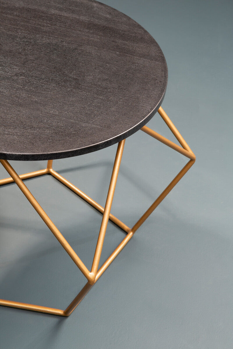 Black Round Marble Top Coffee Table with Matte Gold Finish Geometric Metal Frame | Varana