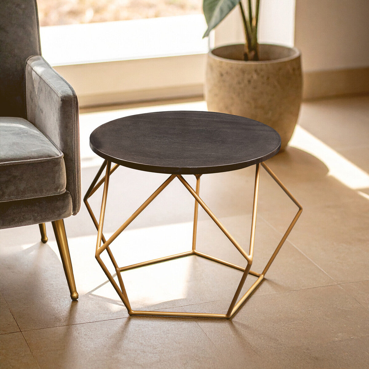Black Round Marble Top Coffee Table with Matte Gold Finish Geometric Metal Frame | Varana